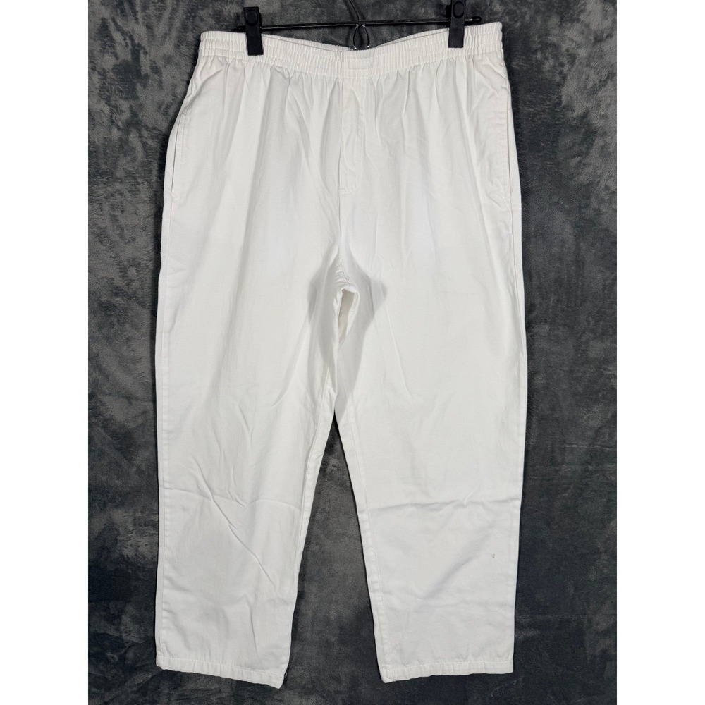 Basic Editions Womens Pants L White Cotton Polyester Elastic Waist Pull On